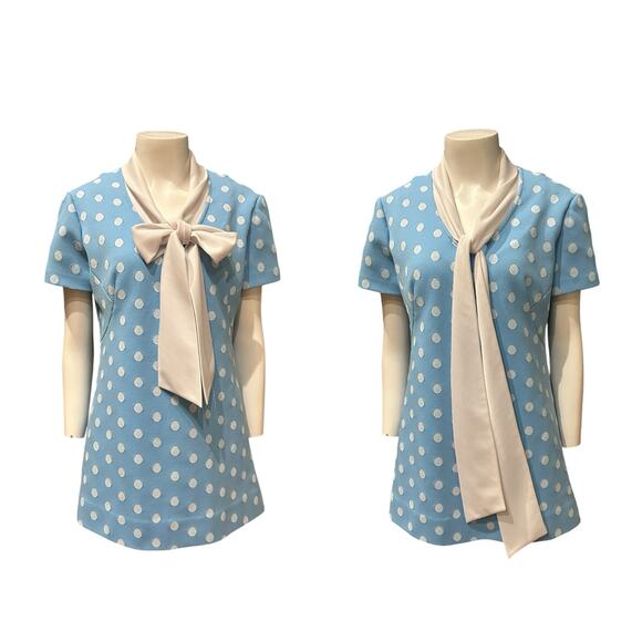 Vintage 1960s Baby Blue Polka Dot Micro Mini Dress with Scarf Bow / Medium - - Picture 4 of 4